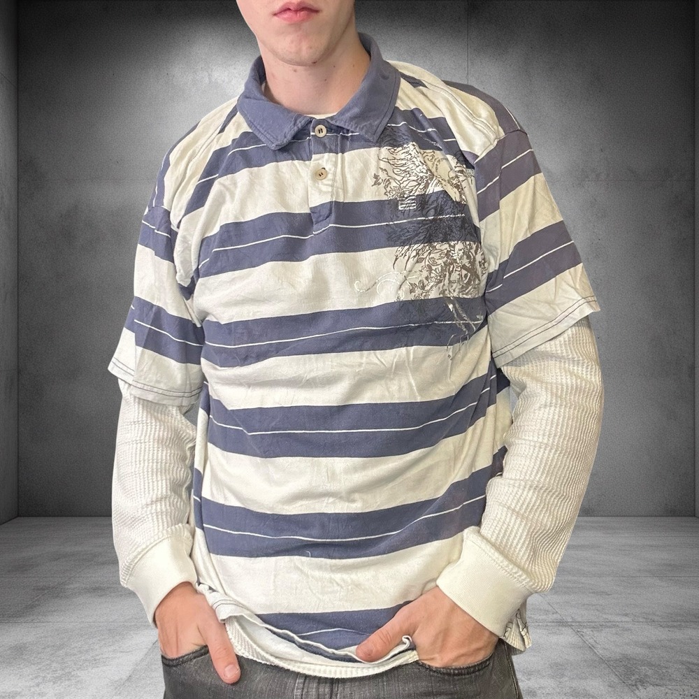 Vintage Machine Striped Polo Shirt Y2K Skater Grunge Blue White XL